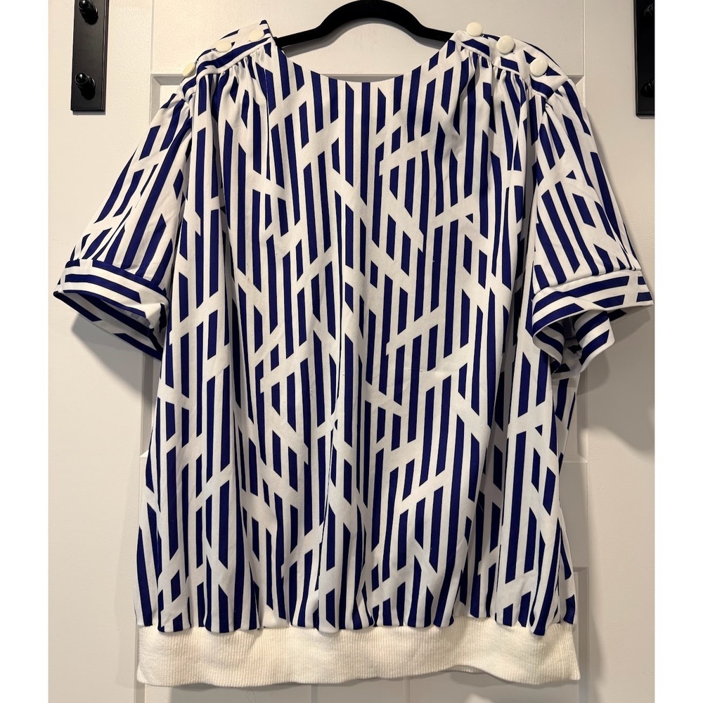 Vintage Top Notch Geometric Pattern Blue & White Polyester SS Top Ladies Sz XL
